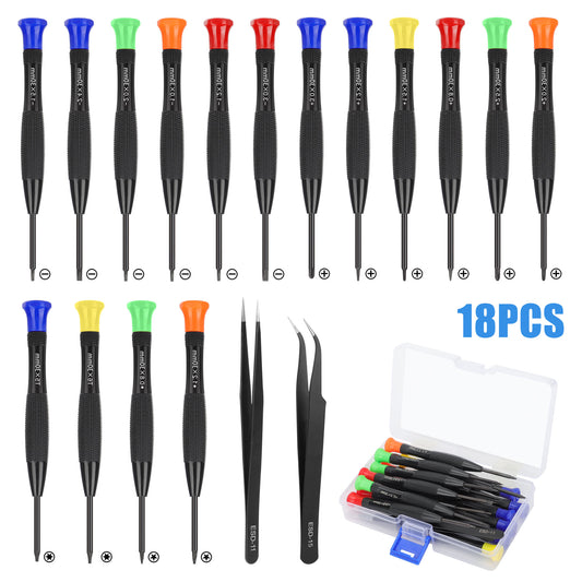 18Pcs Magnetic Small Screwdrivers - Flathead Phillips Screwdrivers Pentalobe Torx Star Screwdrivers Tweezers,Different Sizes Colors for Repairing Eyeglass Phone Watch