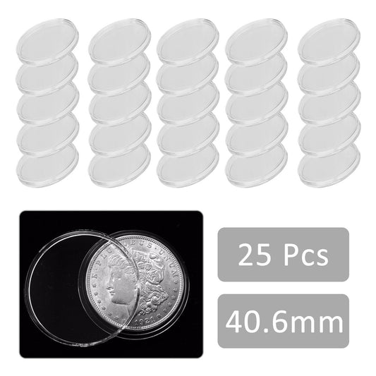 40.6 mm Coin Holder Capsules Round Plastic Clear Coin Container Case for Coins Storage, 25Pcs