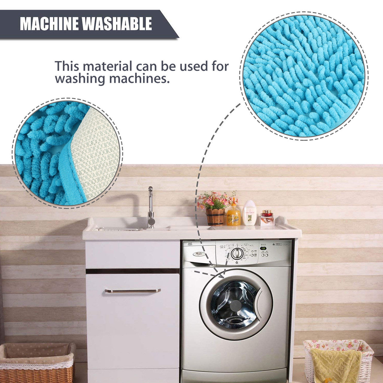 Non Slip Absorbent Bath Mat Carpet, Soft Microfibre Shaggy Bathroom Rug Shag Shower Mat Machine-Washable Bath Mats, Blue