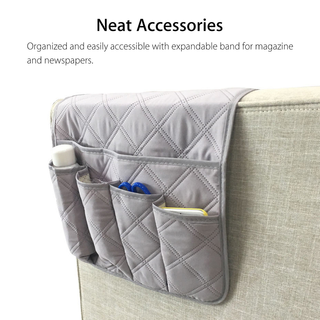 Waterproof Double Sided Armrest Storage Holder Cover with 5 Pockets, Armchair Caddy for Smart Phone, Book, Magazines, Ipad, TV Remote Control Holder, Beige
