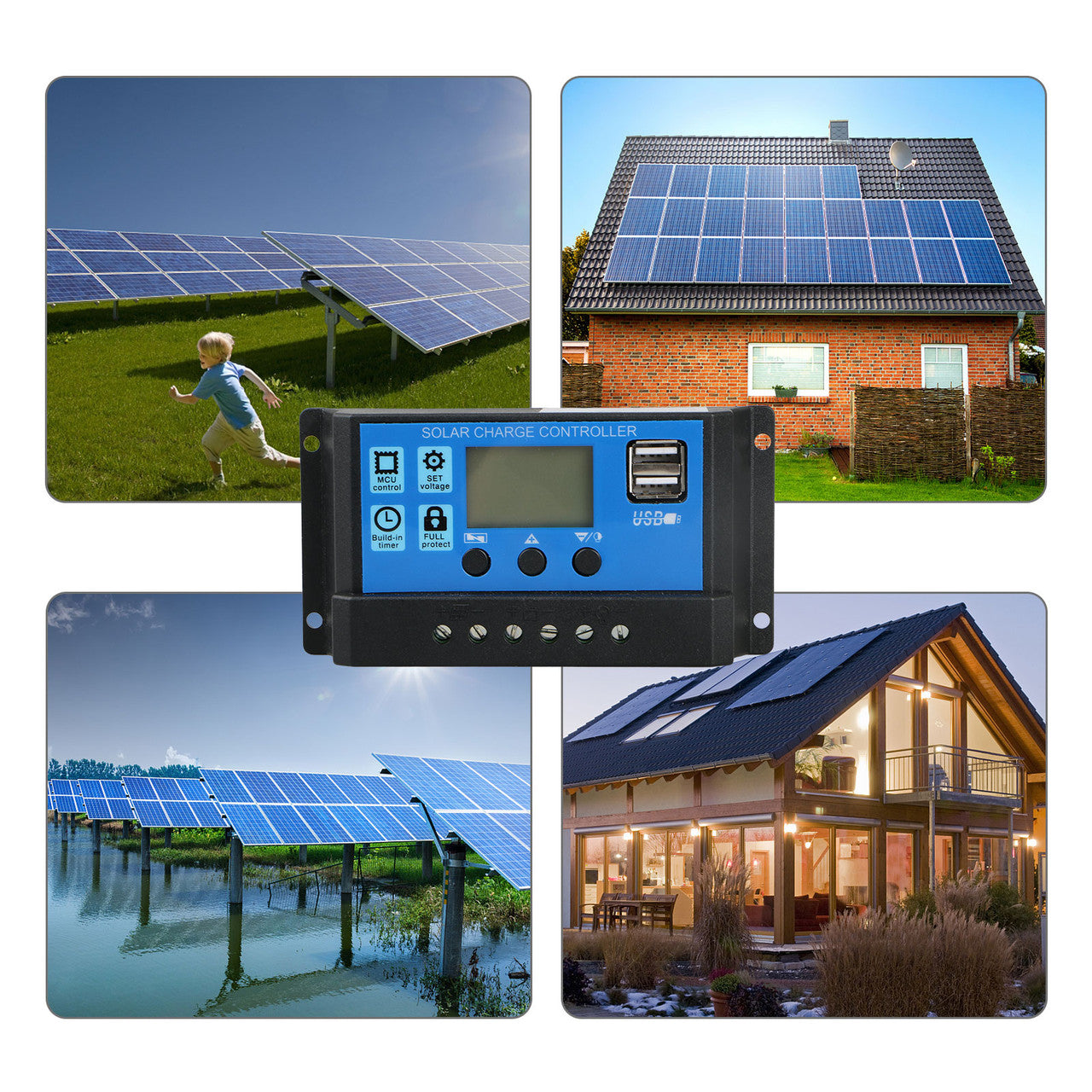 Solar Charge Controller, Dual USB Port Solar Panel Battery Intelligent Regulator, Multi-Function Adjustable LCD Display Street Light Controller, 30A