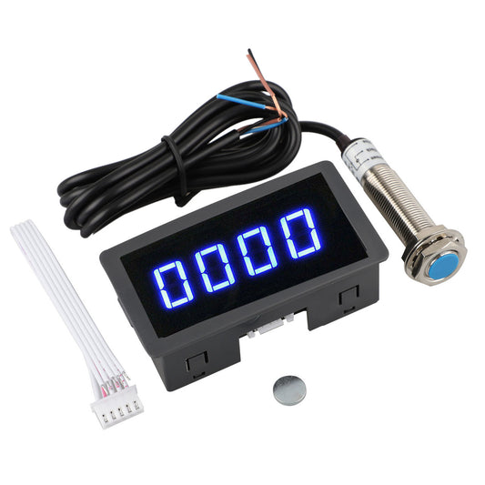 4 Digital LED Tachometer Rpm Speed Meter+Hall Proximity Switch Sensor NPN Blue