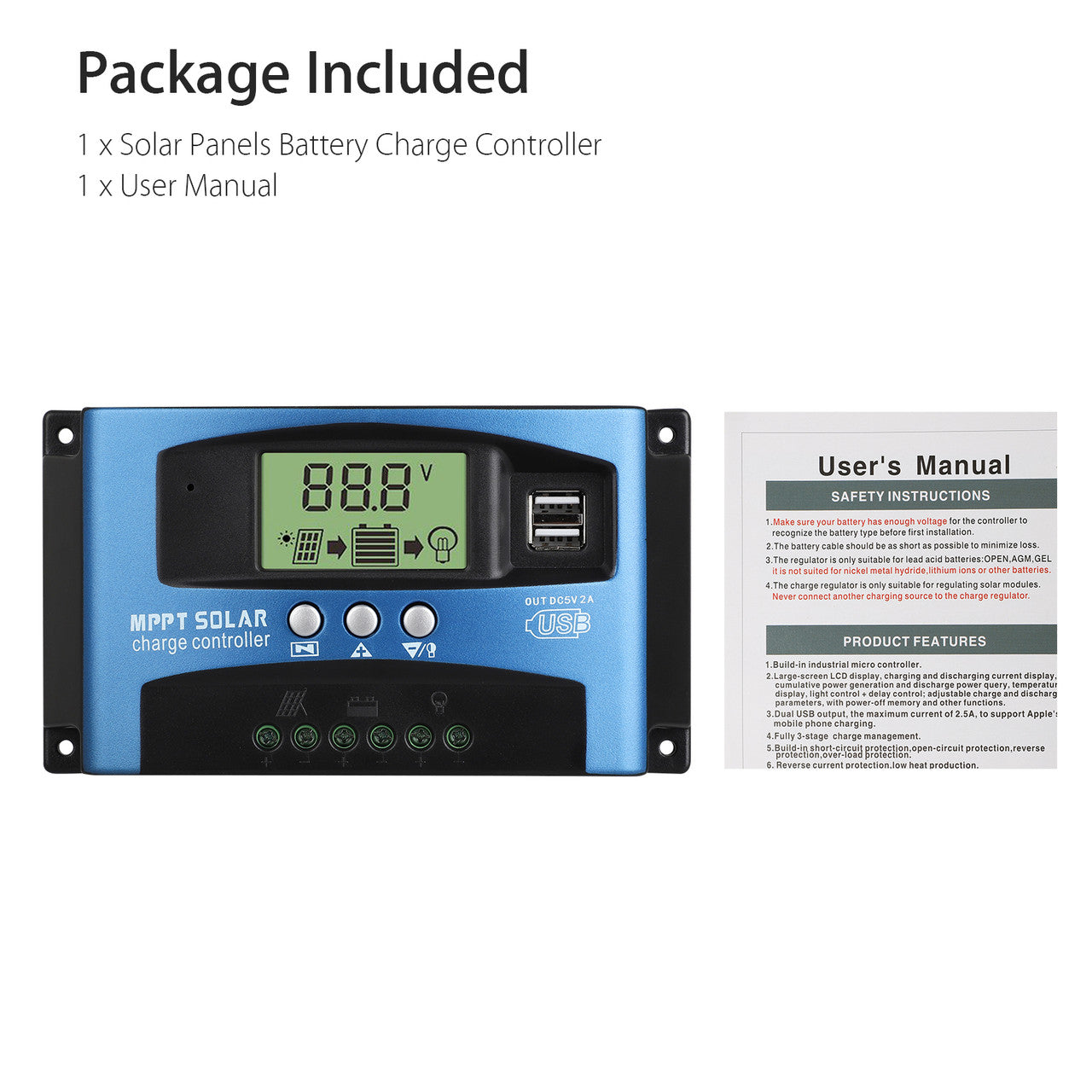 MPPT Solar Charge Controller 100A Solar Panel Controller,Automatic focusing MPPT tracking charging,Large-screen LCD display,SOC function,control charge current & supply power to the loads