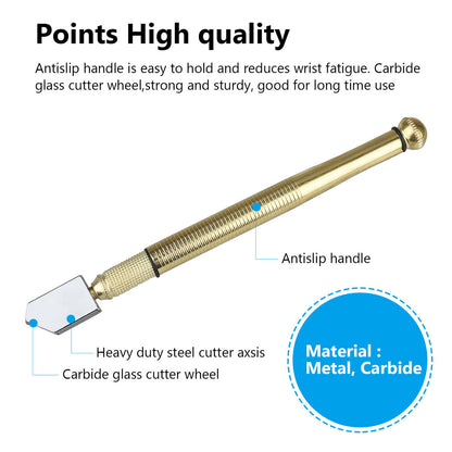 3mm-12mm Glass Cutter Professional Heavy Duty Golden Handle Pencil Style Oil Feed Carbide Tip Glass Cutter Cutting Tools for Mosaic/Tiles/Mirror/Stained Glass Cutting