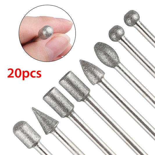 120 Grit Diamond Burr Set - Rotary Grinding Burrs Drill Bits Set with 1/8-inch Shank, Diamond-Coated Stone Carving Accessories Bit Universal Fitment for Rotary Tools, 20Pcs