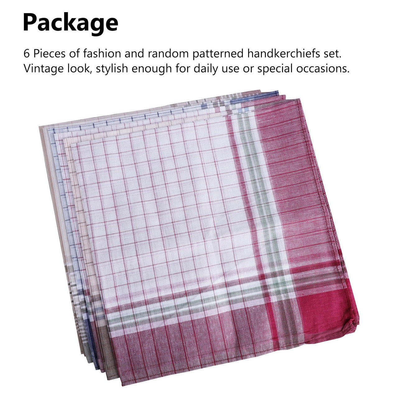 Pocket Square Hankerchiefs for Men with assorted colors and a Classic Vintage Plaid Pattern, 6pcs