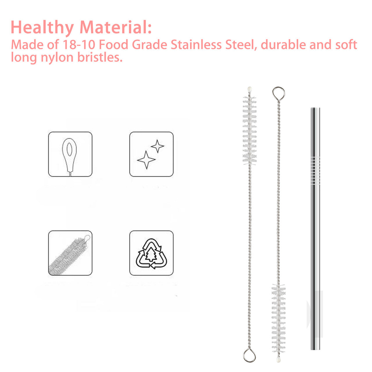 Drinking Straw Brush Set, 8" x 10mm Cleaner Brush for Stainless Steel Tumbler Straws, Drinking Cup Pipe Kitchen Tube Cleaner Nylon Bristles, 10Pcs