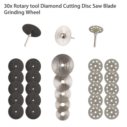 Cutting Wheel Set for Rotary Tool, Diamond Cutting Wheel HSS Mini Saw Blades and Resin Cut Off Disc Combo Cutter Kit with Mandrels for Wood Glass Plastic Stone Metal, 30PCS