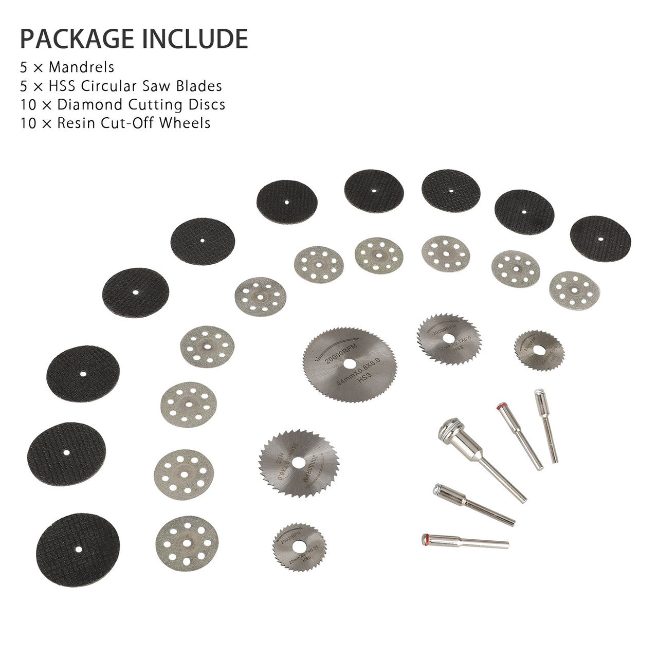 Cutting Wheel Set for Rotary Tool, Diamond Cutting Wheel HSS Mini Saw Blades and Resin Cut Off Disc Combo Cutter Kit with Mandrels for Wood Glass Plastic Stone Metal, 30PCS