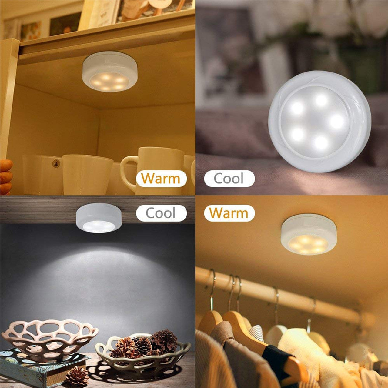 Wireless LED Puck Light Fairy Lights Under Cabinet Counter Lighting, Stick On Lights Battery Powered Night Lights with Remote Control, Dimmable Closet Lights, 6-pack
