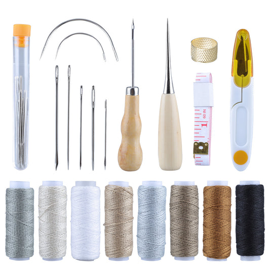 Leather Tools, Leather Kit with Color Upholstery Thread Cord,Various Sewing Leather Needles Tools Drilling Awl Waxed Thread and Thimble Set for DIY Leathercraft, 29 pcs