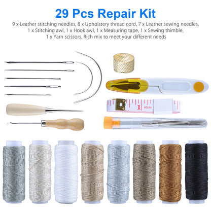 Leather Tools, Leather Kit with Color Upholstery Thread Cord,Various Sewing Leather Needles Tools Drilling Awl Waxed Thread and Thimble Set for DIY Leathercraft, 29 pcs