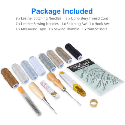 Leather Tools, Leather Kit with Color Upholstery Thread Cord,Various Sewing Leather Needles Tools Drilling Awl Waxed Thread and Thimble Set for DIY Leathercraft, 29 pcs