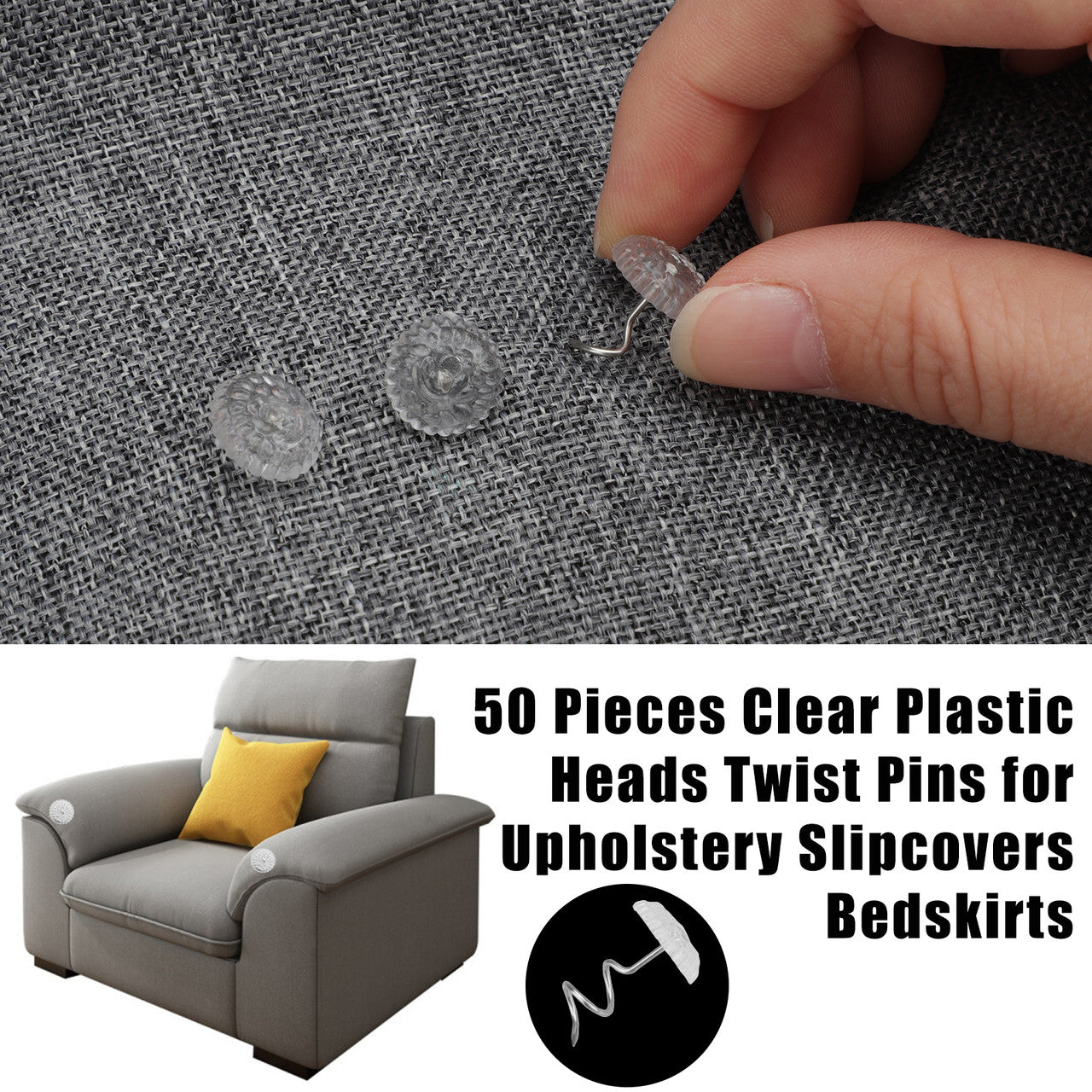 Set of 50, Fabric Twisty Pins with Clear Heads for Upholstery, Bedskirts, Slip Covers, Slipcovers and Other Materials - Sewing Supplies Essential
