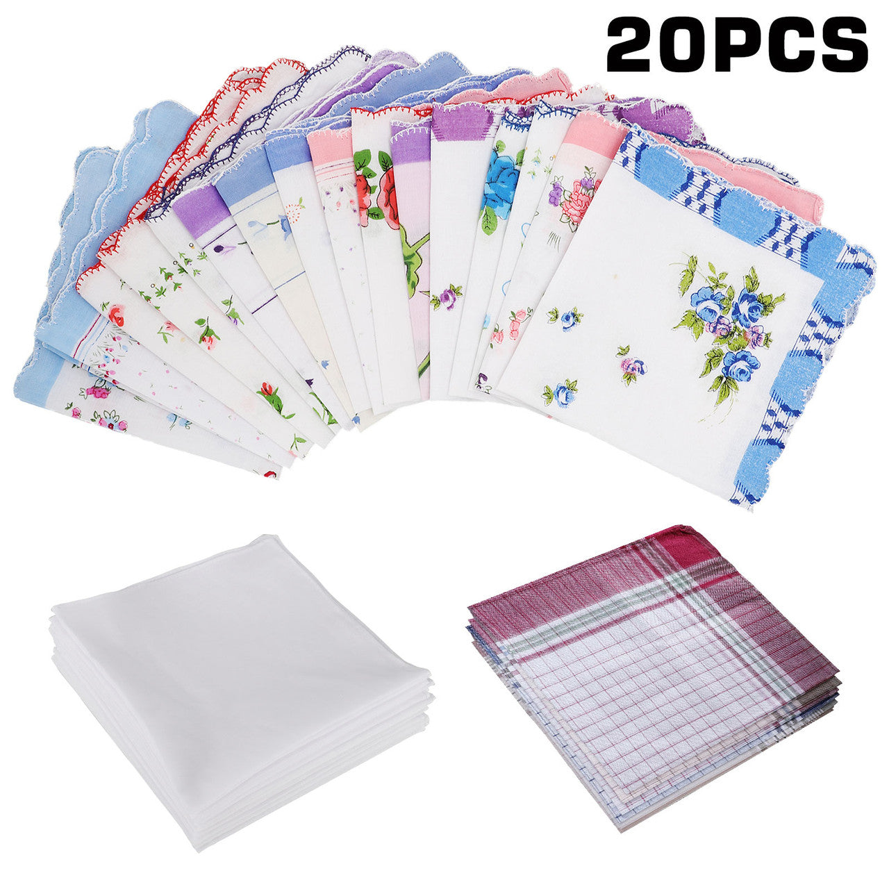 Women's Handkerchiefs, Colorful Printing Floral Ladies Handkerchiefs, 100% Cotton Classic, Pure Cotton Square Sheets, 20 Pieces