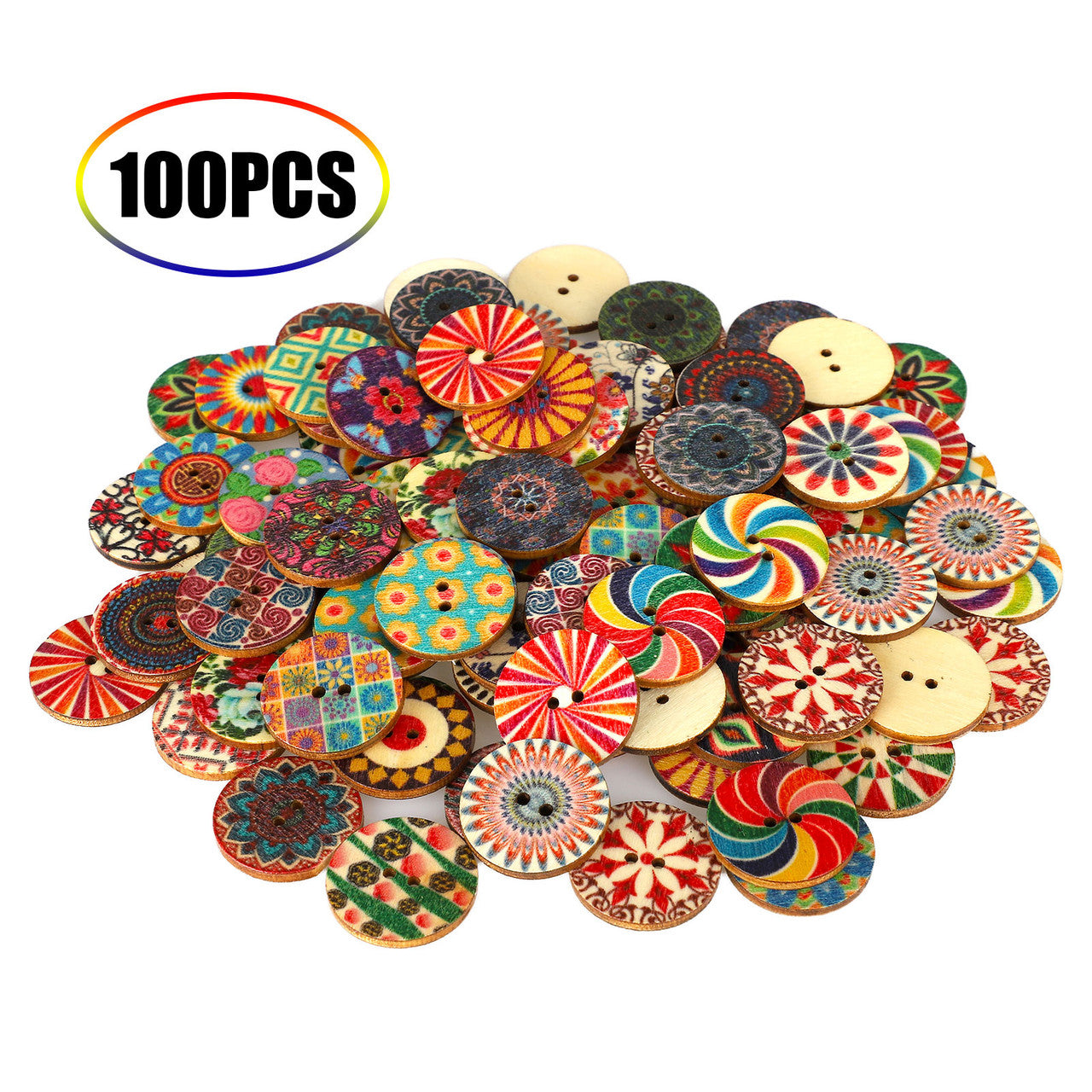 Wooden Buttons, Mixed 2 Holes Buttons 1 Inch Round Wood Buttons Vintage Assorted Random Color Flower Painting Buttons Decorative Buttons for DIY Sewing Crafting Decoration, 100pcs