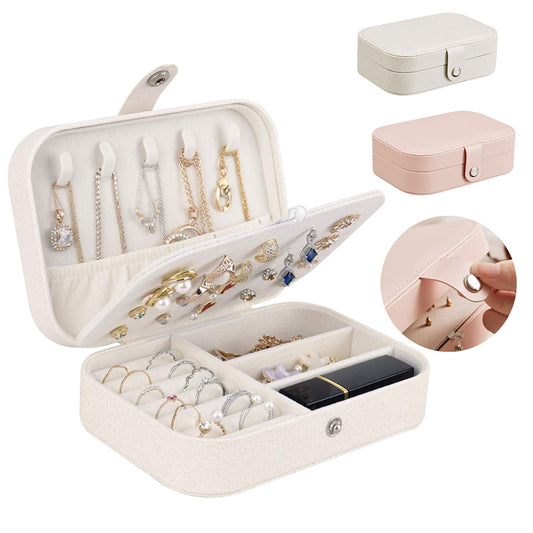 Jewelry Box for Women, Double Layers PU Leather Travel Jewelry Organizer Display Case for Necklace Earring Rings Storage, Sparkle Jewelry Holder Case, White