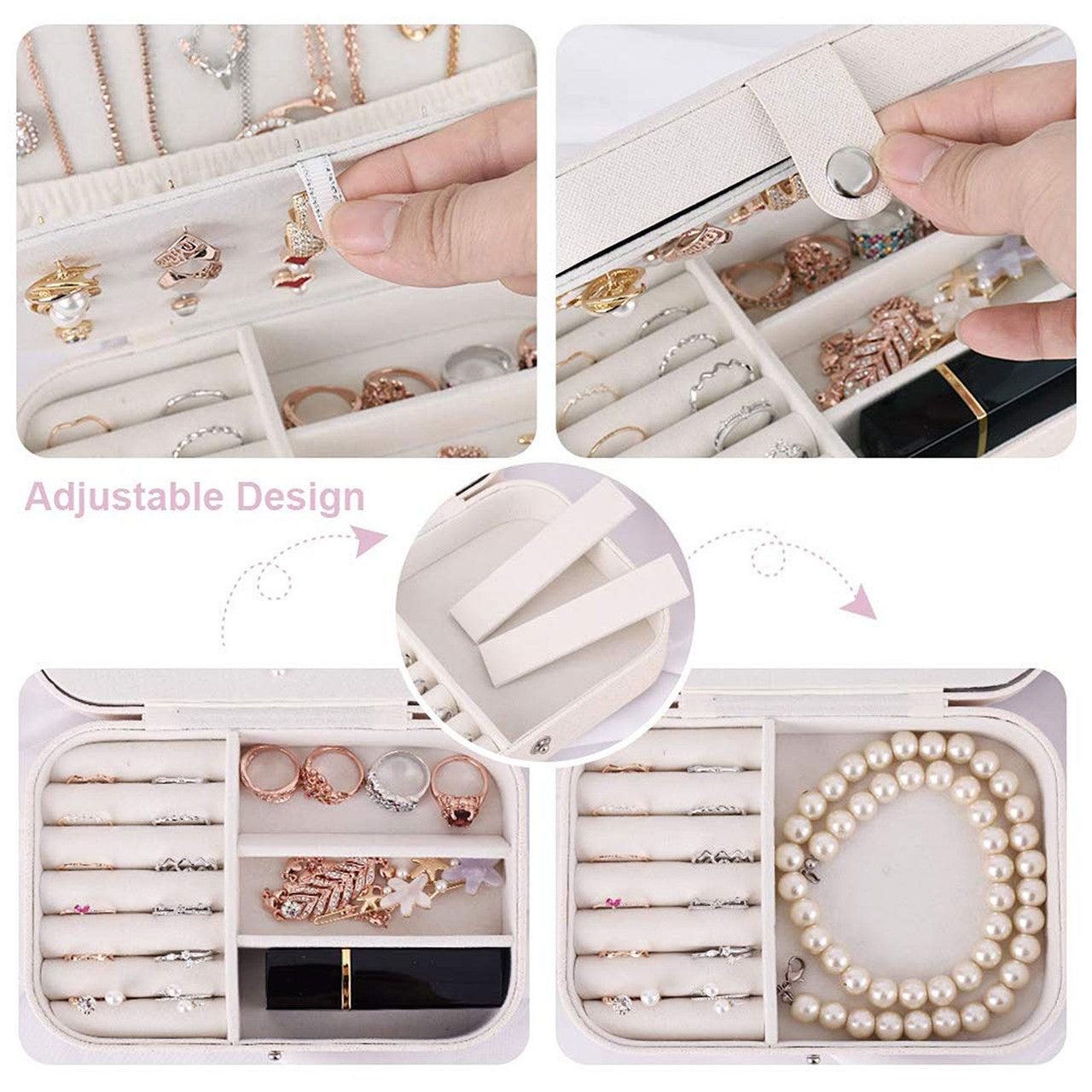 Jewelry Box for Women, Double Layers PU Leather Travel Jewelry Organizer Display Case for Necklace Earring Rings Storage, Sparkle Jewelry Holder Case, White