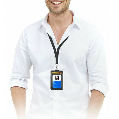 Vertical PU Leather ID Badge Holder with 1 Clear ID Window & 2 Credit Card Slot and One 20inch Detachable Neck Lanyard (Black)