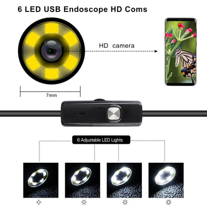 USB Snake Inspection Camera 2M 6 Adjustable LEDs Borescope Endoscope for Android