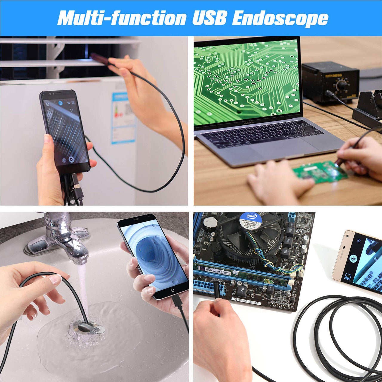 USB Snake Inspection Camera 2M 6 Adjustable LEDs Borescope Endoscope for Android