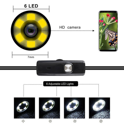 HD Inspection Camera 0.3 MP, Waterproof 6 LED with 7.0mm Lens, w/ Micro USB Type C USB Adpater fits for Android Phone, PC