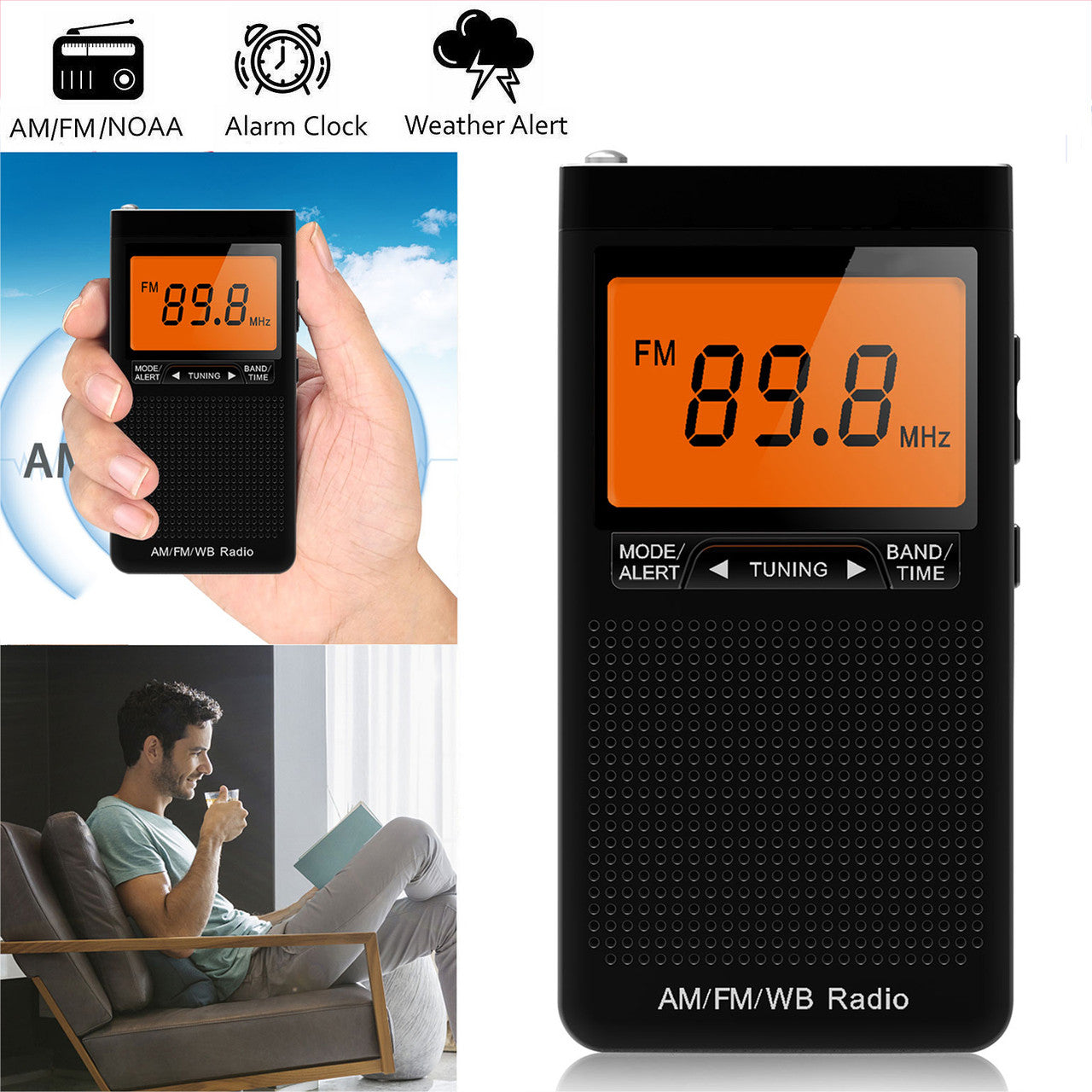 NOAA Weather Alert Radio, Portable AM/FM Battery Operated Transistor Radio with Headphone Jack, Great Reception, Alarm Clock, LCD Display, Pocket Radio for Office, Bedroom, Running, Walking