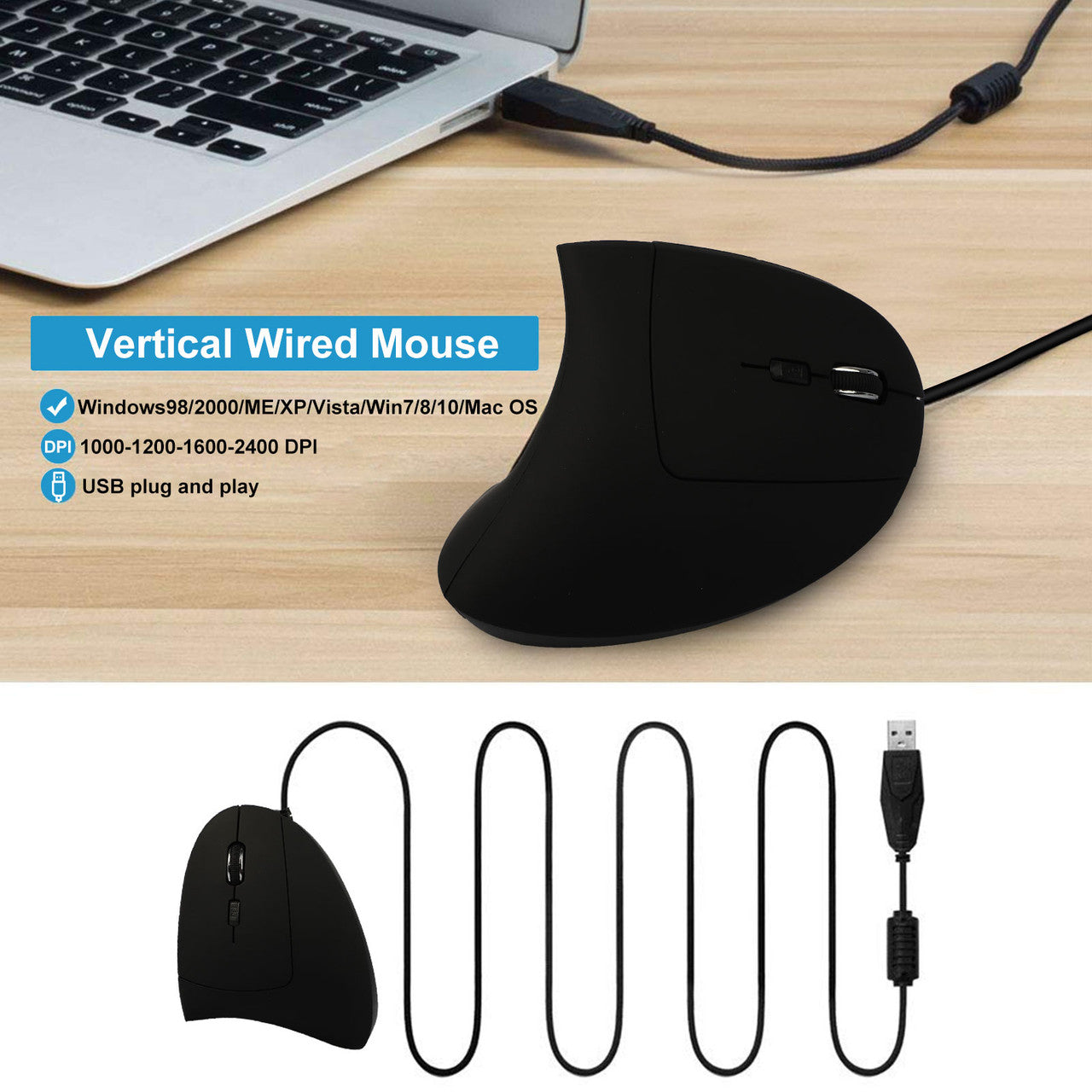 Wired Ergonomic Vertical Mouse, Large Ergonomic Computer Mouse High Precision Optical Mice with 6 Buttons, Adjustable 2400DPI and Reduce Wrist Pain for Office Gaming PC Computer Laptop, Black