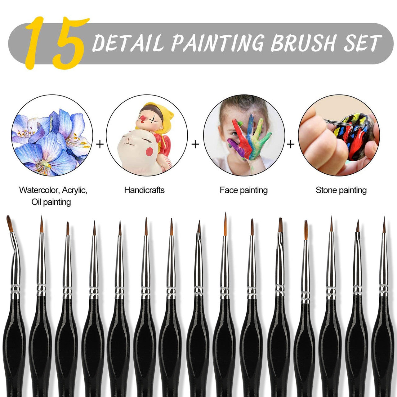 Fine Detail Paint Brush Set, 15pcs Tiny Professional Micro Miniature Painting Brushes Kit with Ergonomic Handle for Acrylic, Oil, Watercolor, Art, Scale Model, Face, Paint by Numbers