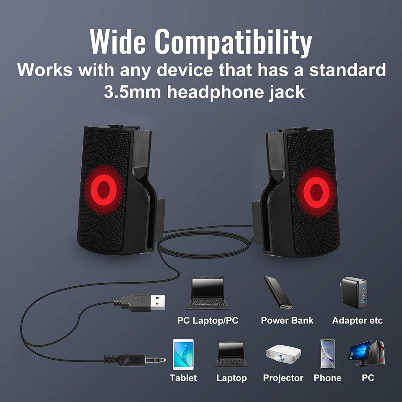 Detachable 2-in-1 PC Gaming Speaker with Stereo Sound, USB Powered 3.5mm Audio Input for Tablets Desktop Laptop Cellphone