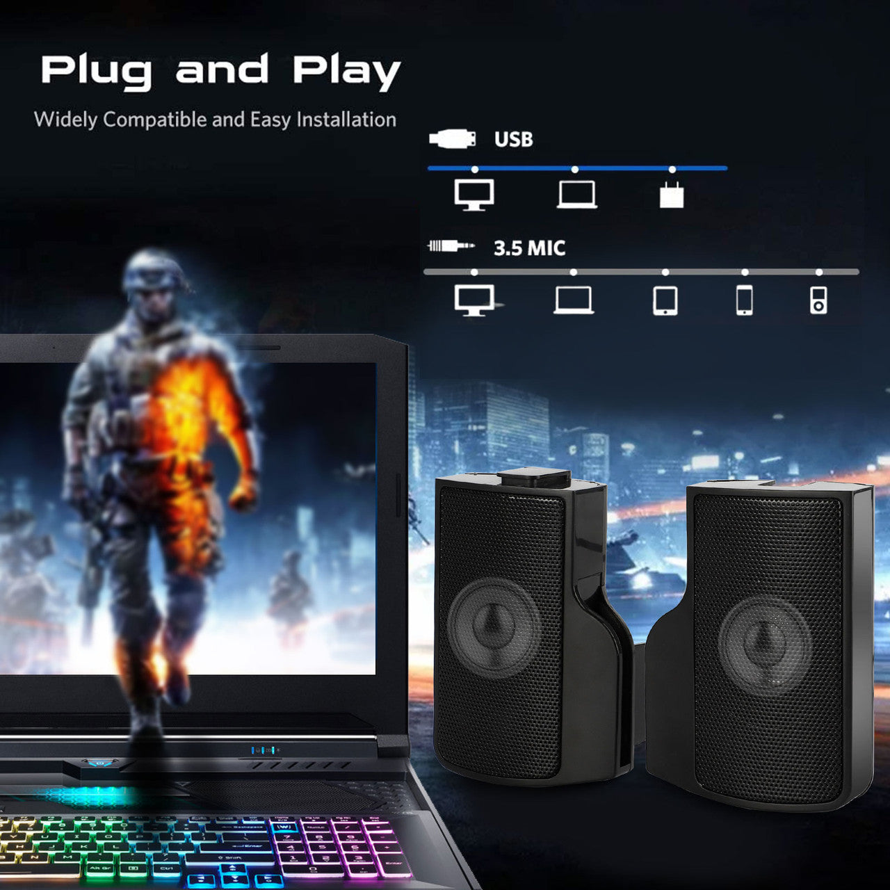 Detachable 2-in-1 PC Gaming Speaker with Stereo Sound, USB Powered 3.5mm Audio Input for Tablets Desktop Laptop Cellphone