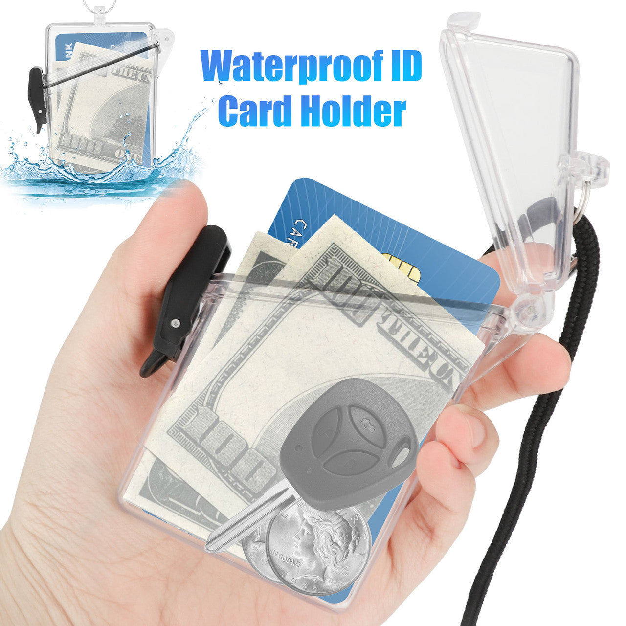 Waterproof ID Card Case Badge Holder Clear Vertical Safe Hard Plastic w/Lanyard