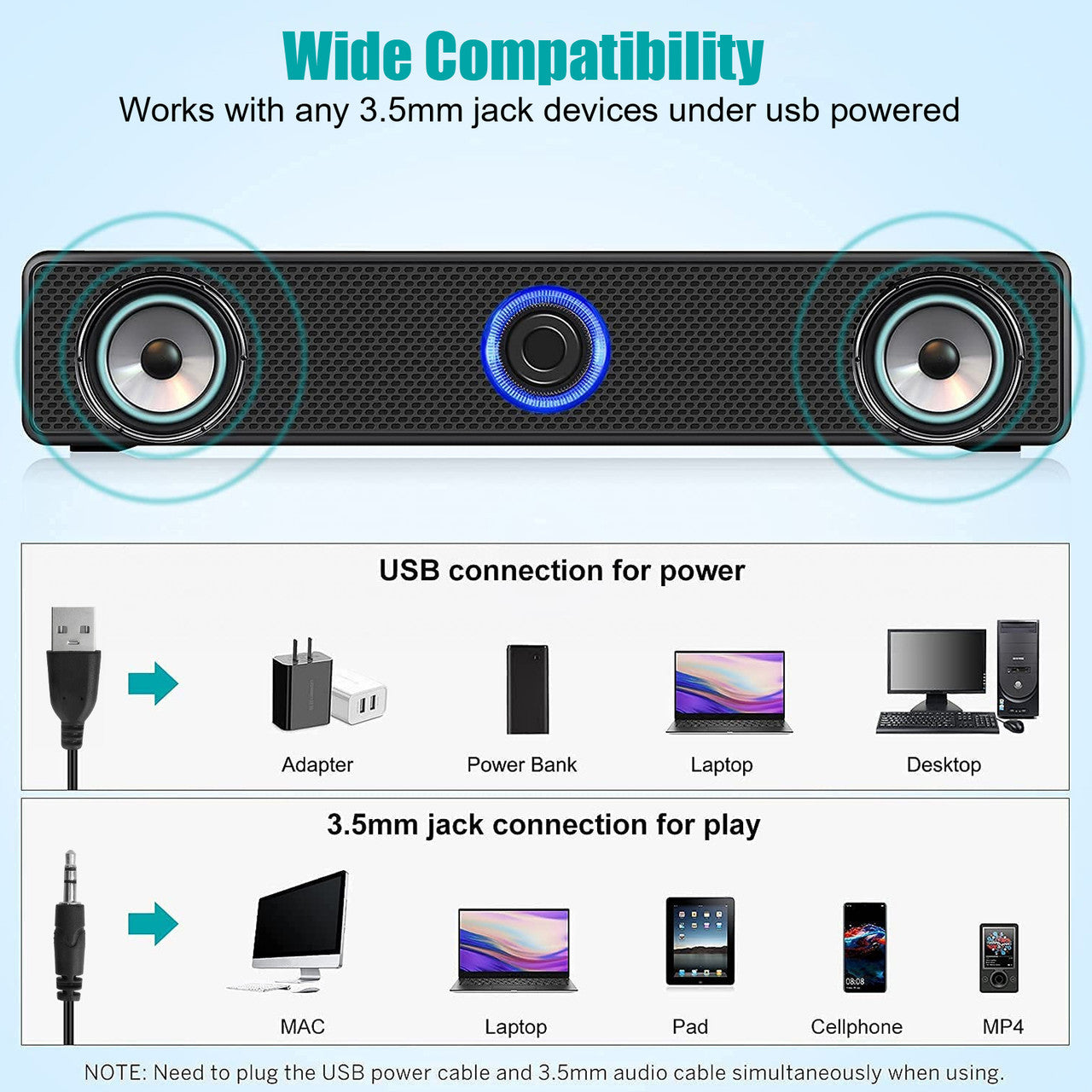 Stereo USB Powered Soundbar Stylish Speaker for PC Tablets Desktop Cellphone Laptop