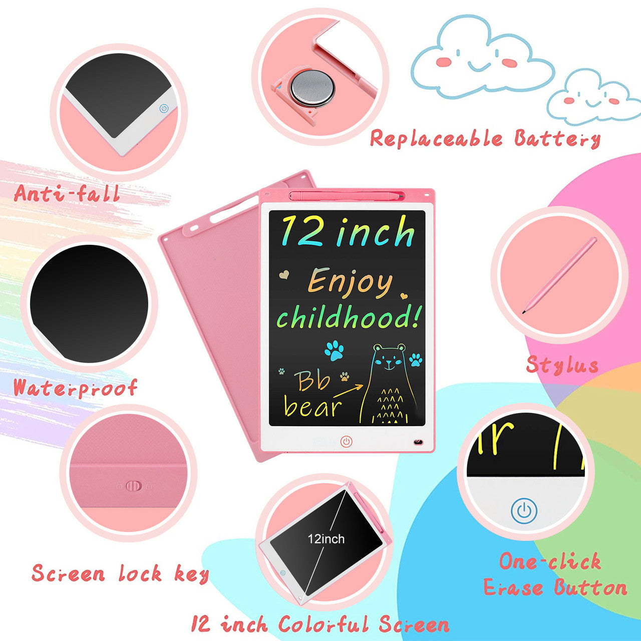 12" LCD Kids Learning Tablet Button Cell Powered with Eye Protection