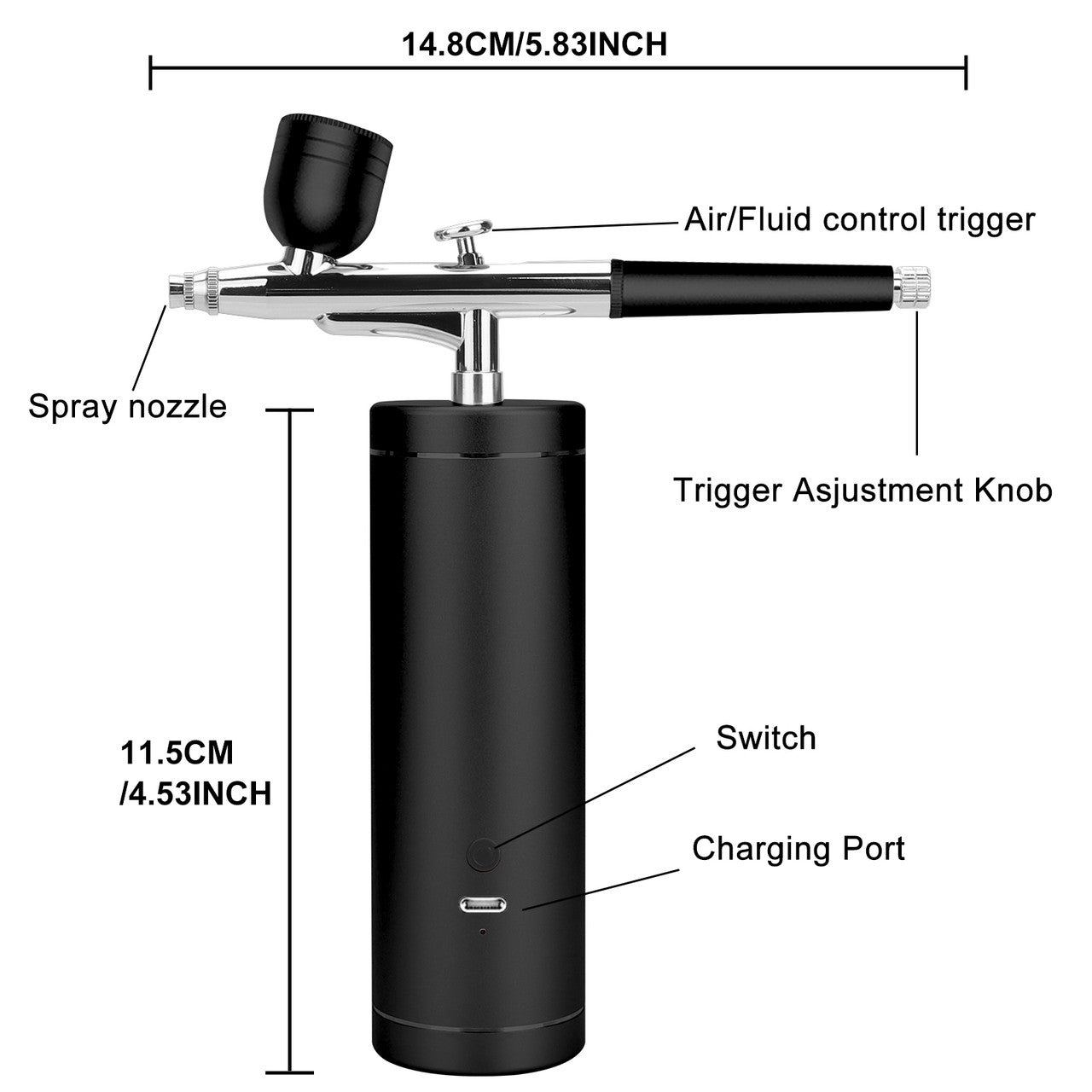 Portable Air-Brush Paint Spray Gun with a Longer Work Time and 3 Air Pressure Options, Black