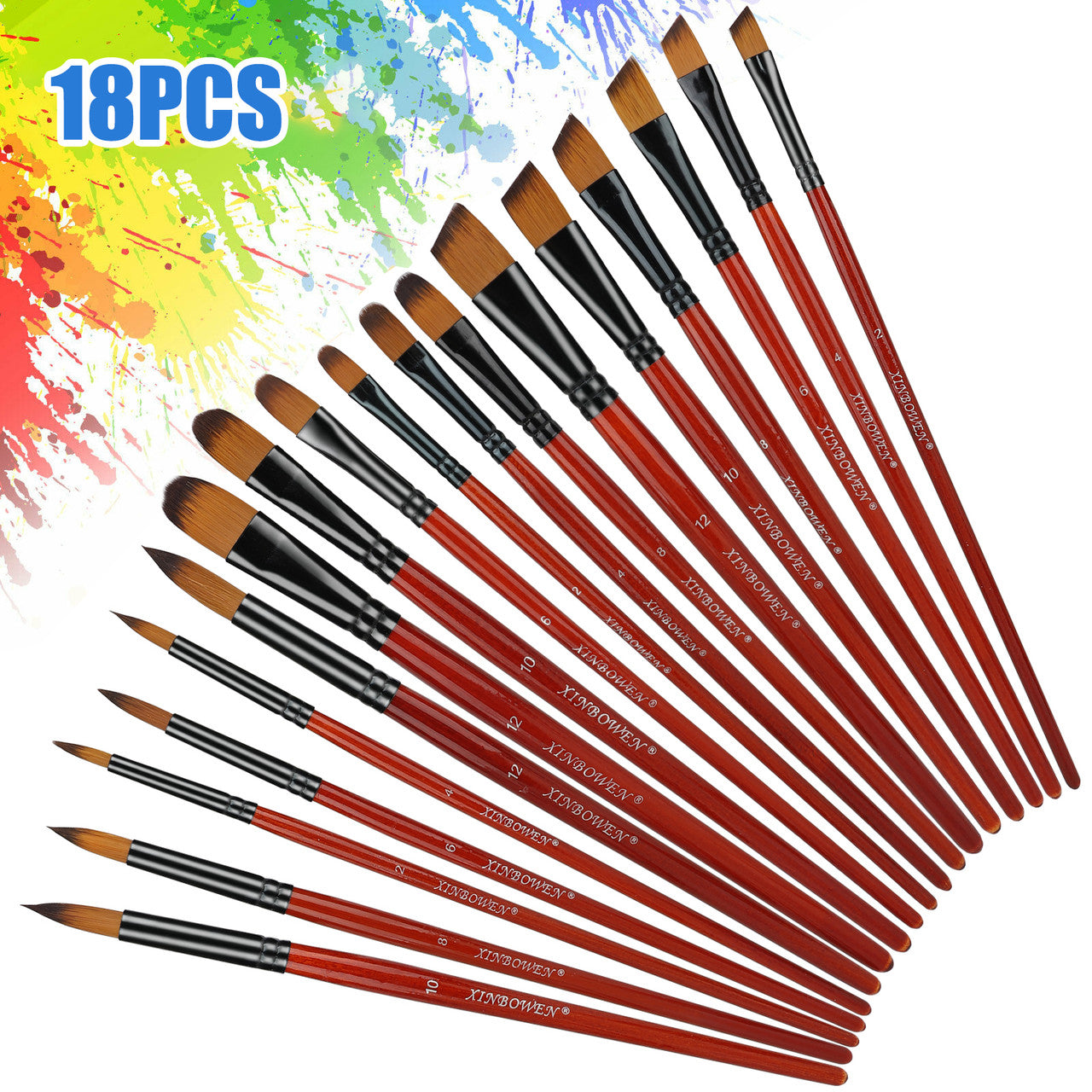 Paint Brush Set with Double Color Nylon Hairs and has Light Wooden Handles, 18 Pcs