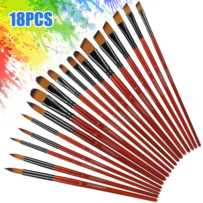 Paint Brush Set with Double Color Nylon Hairs and has Light Wooden Handles, 18 Pcs