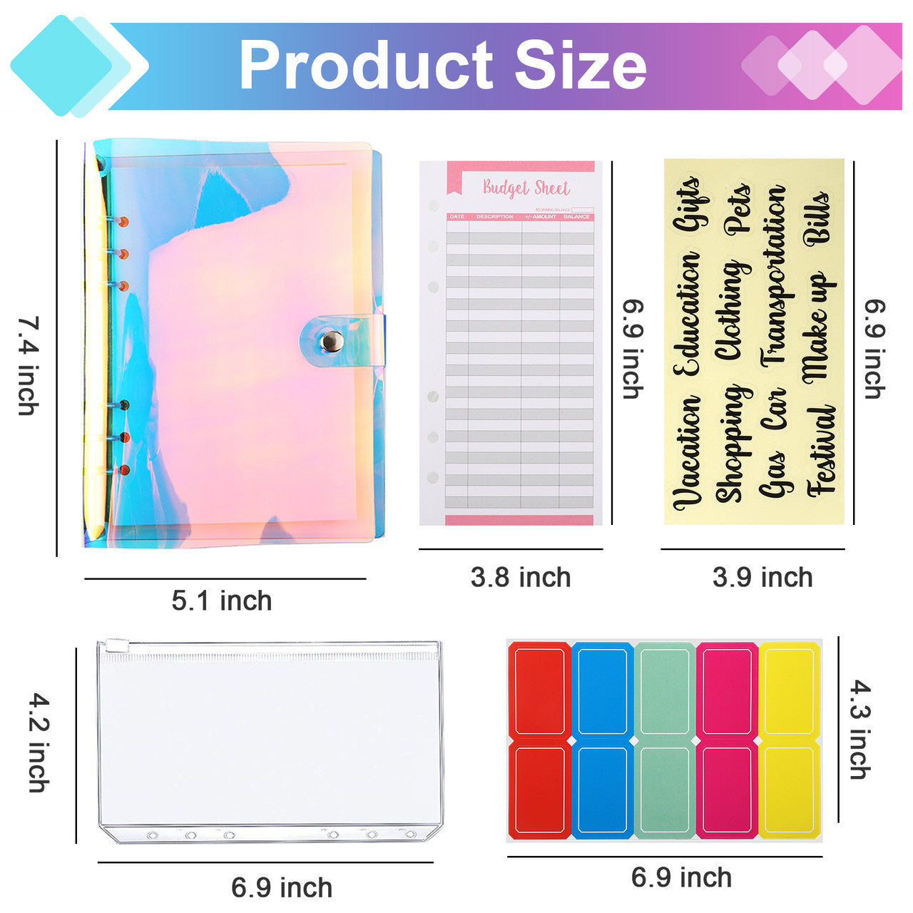 40 Packs A6 Pvc Notebook Binder Cover Budget Planner - Refillable Binder 6-Ring Personal Notebook Budget Binder Cover for A6 Refill Paper, Zipper Pockets, Budget Sheets, No Tear Stickers, Category Labels (Pink)