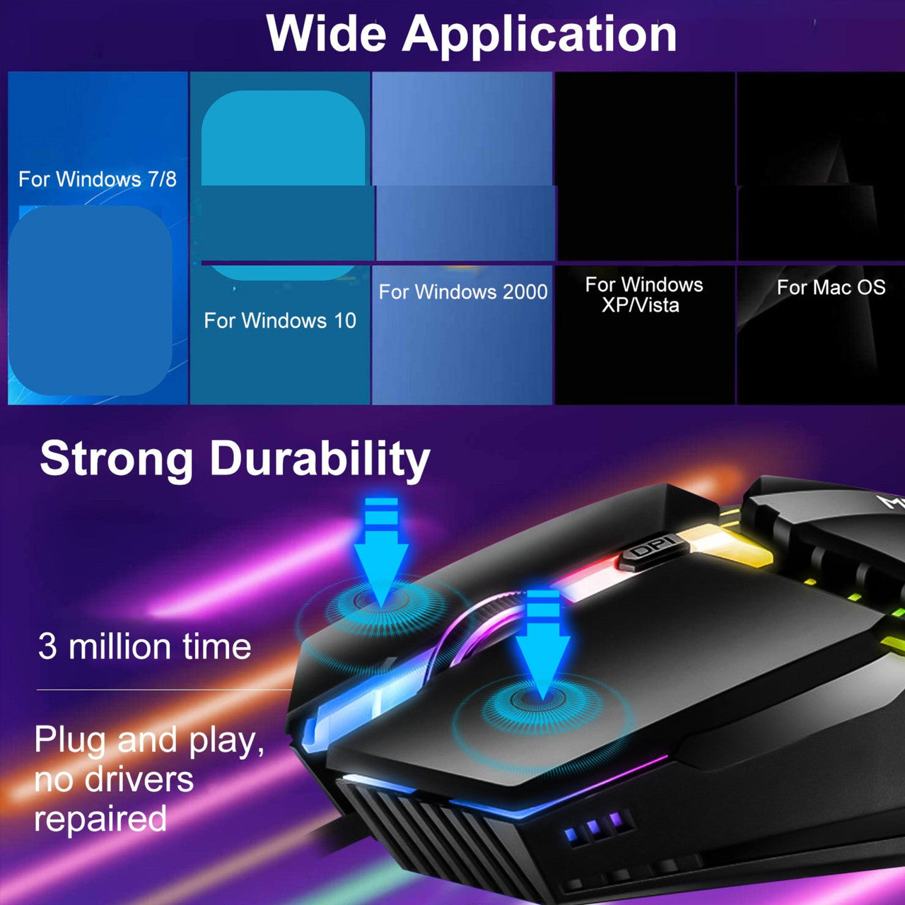 LED PC Gaming Mouse Wired - USB Optical Computer Mouse with Rgb Backlit, 3 Adjustable Dpi up to 1600, 7 Light Effects, Ergonomic Gamer Laptop PC Mouse