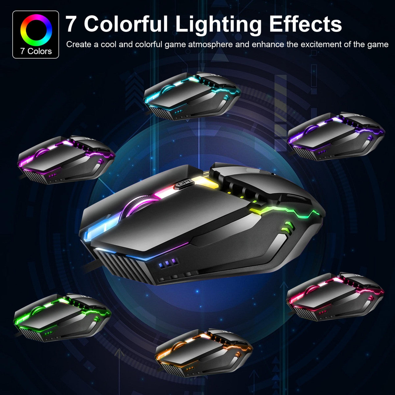 LED PC Gaming Mouse Wired - USB Optical Computer Mouse with Rgb Backlit, 3 Adjustable Dpi up to 1600, 7 Light Effects, Ergonomic Gamer Laptop PC Mouse