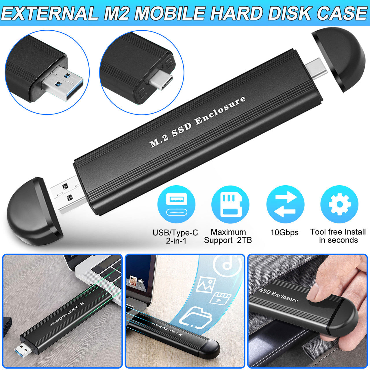 M.2 Ngff / Nvme Sata SSD to USB 3.2 External Case Hard Drive Enclosure - External Sata Based M.2 Solid State Drive Enclosure Reader (For M.2 Sata SSD Only)
