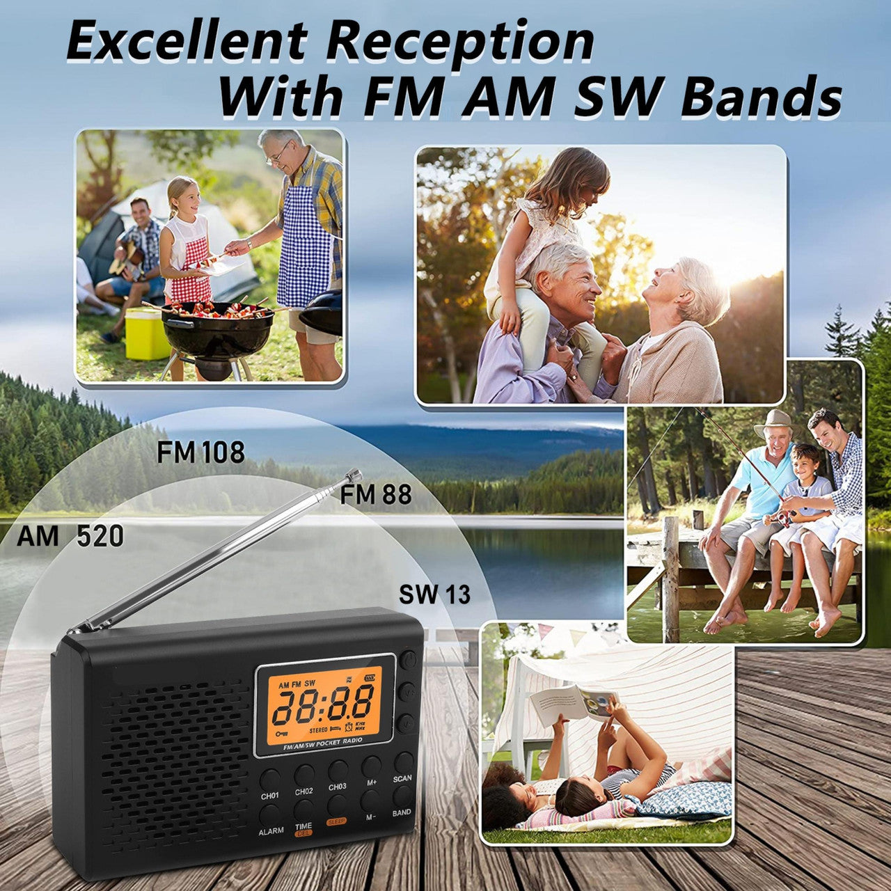 Multi-Band Portable Radio for Support Am/Fm/SW - Shortwave Radios Large LCD Screen USB Speaker Player Walkman 3.5 MM Headphone Jack