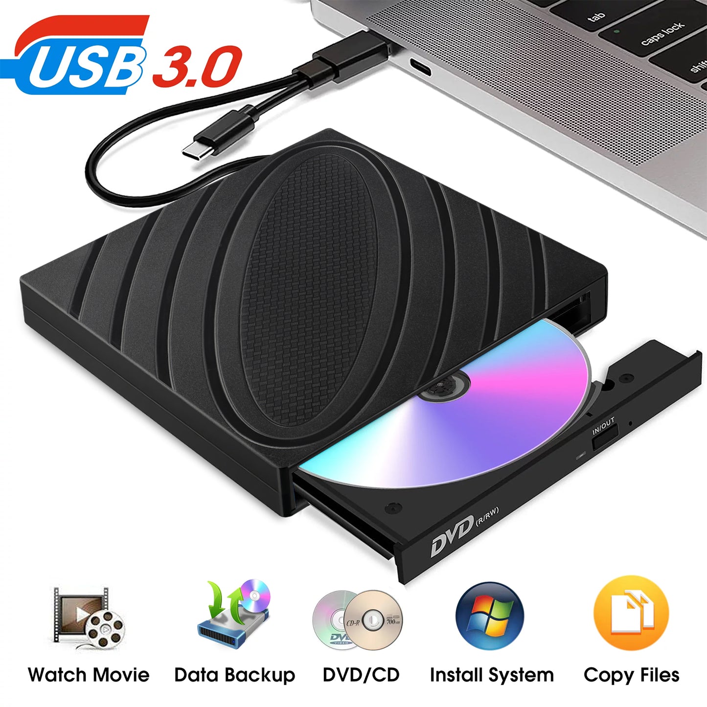 External USB 3.0 DVD RW CD Writer Drive Burner Reader Player For Laptop PC
