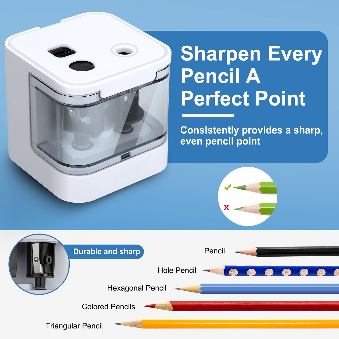 Electric Pencil Sharpener - Battery-Operated, Dual Hole Design