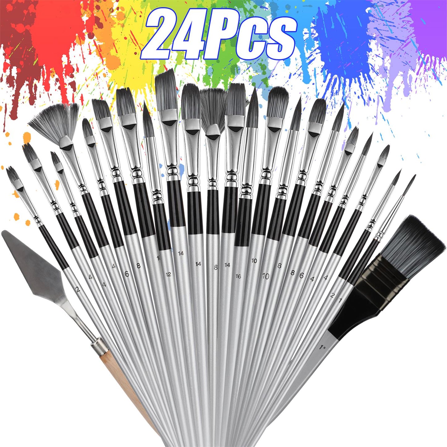 24Pcs Acrylic Paint Brush Set - Wooden Handle Brushes Acrylic Oil Watercolor Painting Brush,Art Paint Brush Set with Cloth Roll and Palette Knife