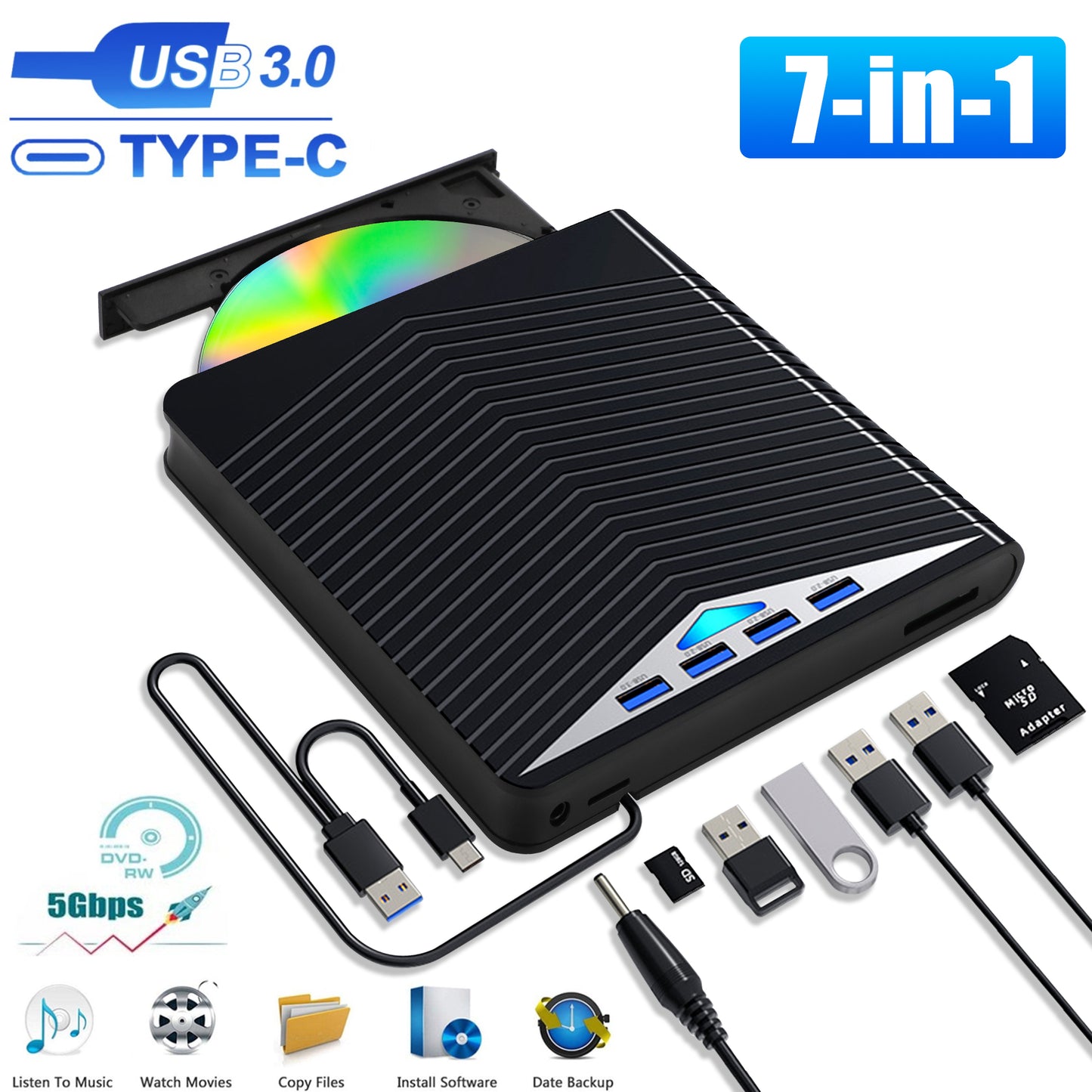 7 in 1 USB 3.0 Slim External CD/DVD Drive - Type-C CD/DVD +/-RW Player Reader Writer Burner, 4 USB Ports, Support SD/TF Card, Optical CD DVD Drive  (Black)