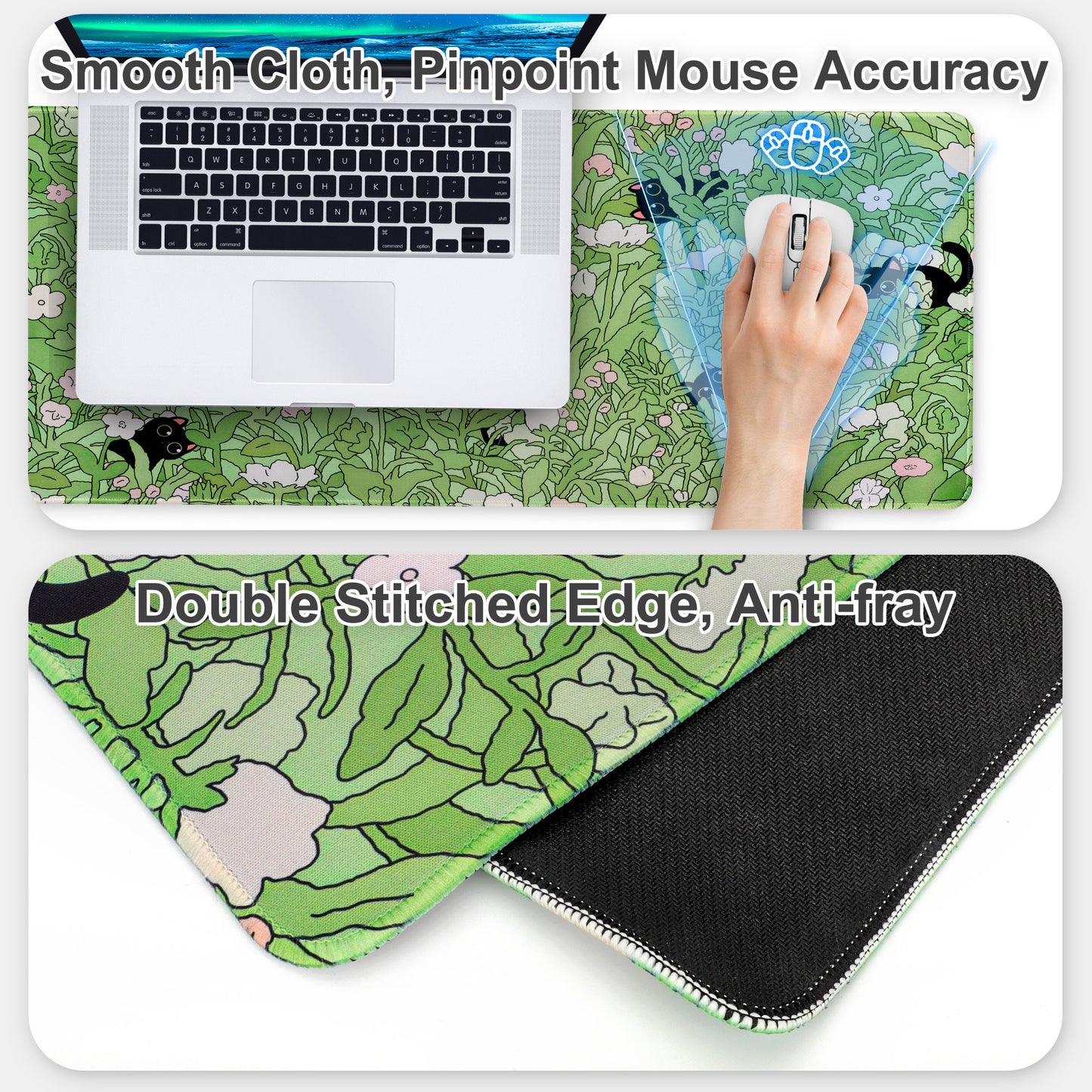 Green Cute Animal Desk Large Mouse Pad - For Desk, Keyboard Mat Kawaii Black Cat Flower Mouse Pad Green Desk Mat Desk Decor With Stitched Edges Non-Slip Large Computer Mat 31.5 x 11.8 in