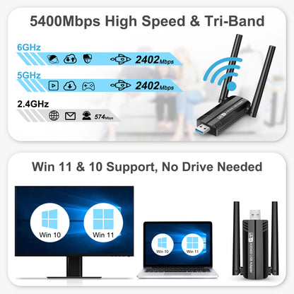 AX5400 802.11AX WiFi 6E USB 3.0 WiFi Adapter - with High gain Antenna for PC Laptop Tri Band 6GHz/5GHz/2.4GHz, WPA3, ,Only Compatible with Windows 11/10, Driver free (Black)