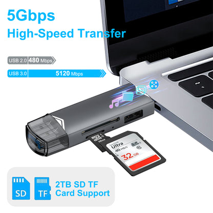 6 in 1 OTG Connector Memory Card Adapter - Dual Slot USB 3.0/USB C/Micro USB OTG Memory Card TF/SD/Micro SD/SDXC/Micro SDXC/Micro SDHC (Gray)