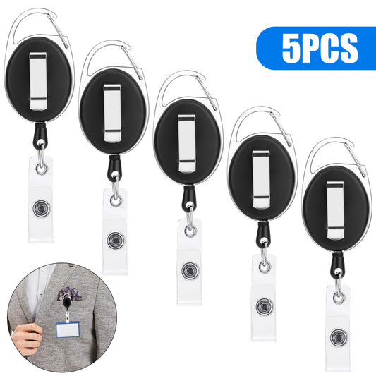 5Pcs Retractable ID Card Badge Holder - Heavy Duty Metal Keychain Reel Clip Key Ring with Waterproof Vertical Clear ID Card Holder (Black )